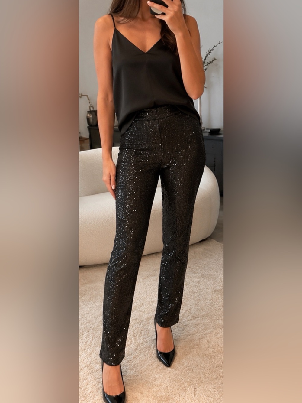ZARA Black Sequin Straight Leg Pants High Rise XS Party Evening